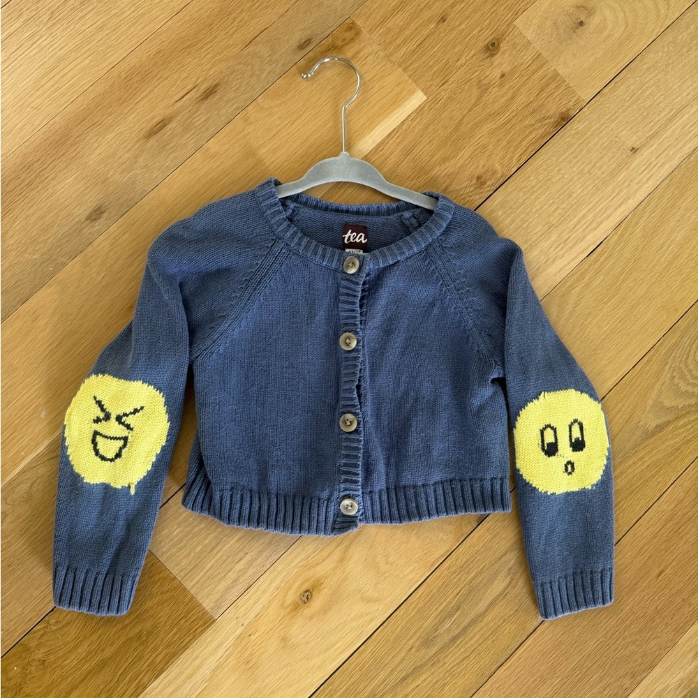 Tea Collection Blue Knit Cardigan with Yellow Emoji Elbow Patches